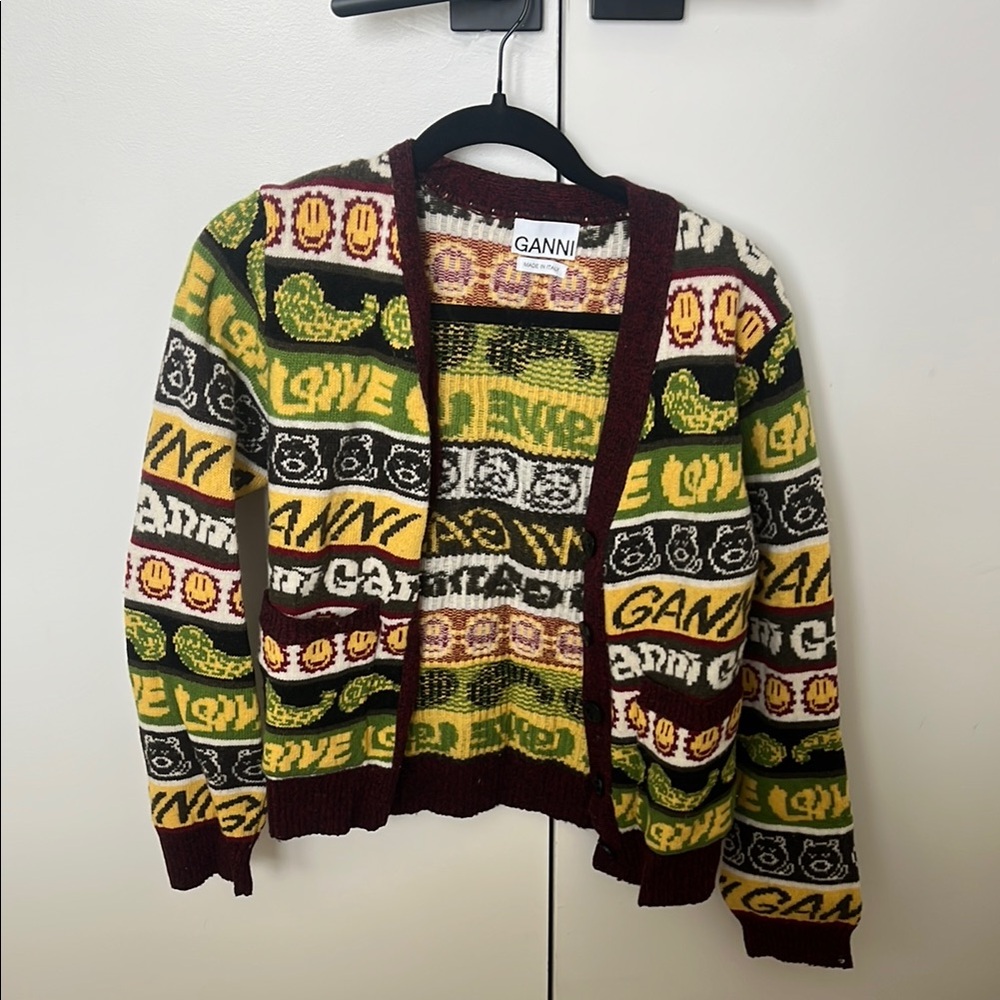 Ganni Graphic Knit Cardigan in Green and Yellow